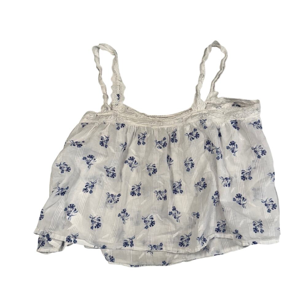 Joie White Blue Ditsy Floral Lace Strap Pintuck Crop Top Cottagecore M Cruise - Picture 3 of 12